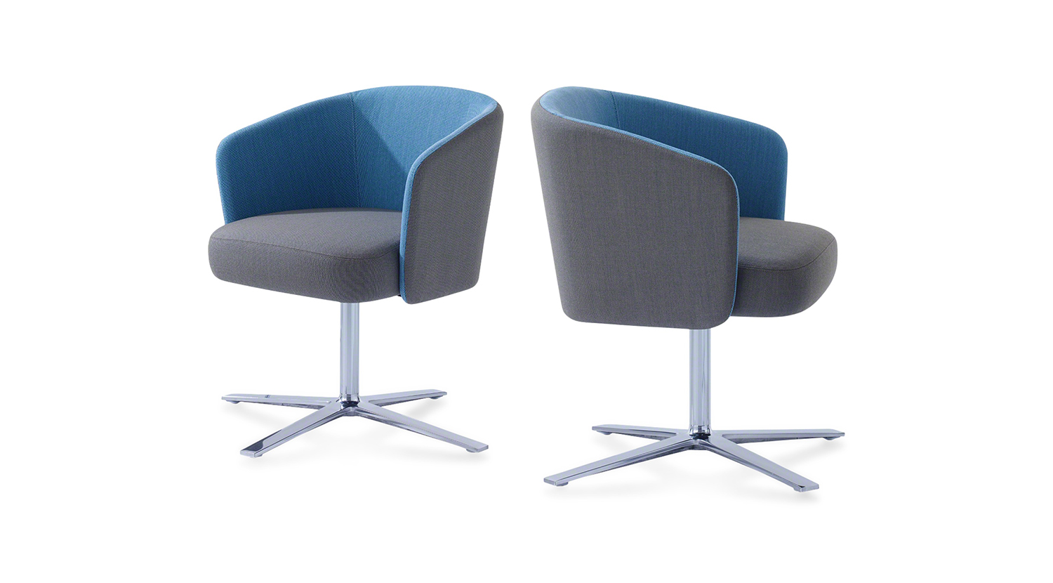 Two Hay modern chairs with grey cushion on the seat and blue cushion on the back