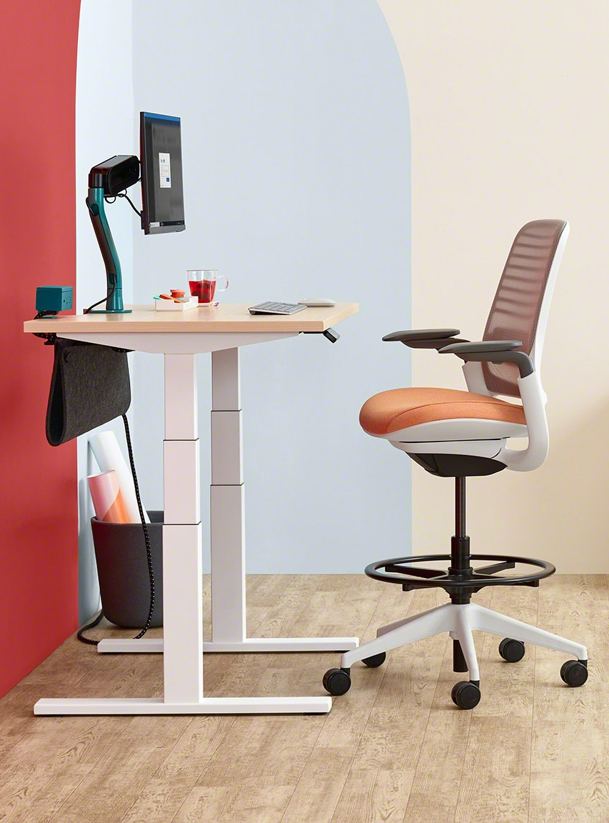 Bivi Height-Adjustable Desk, Steelcase Series 1 Stool