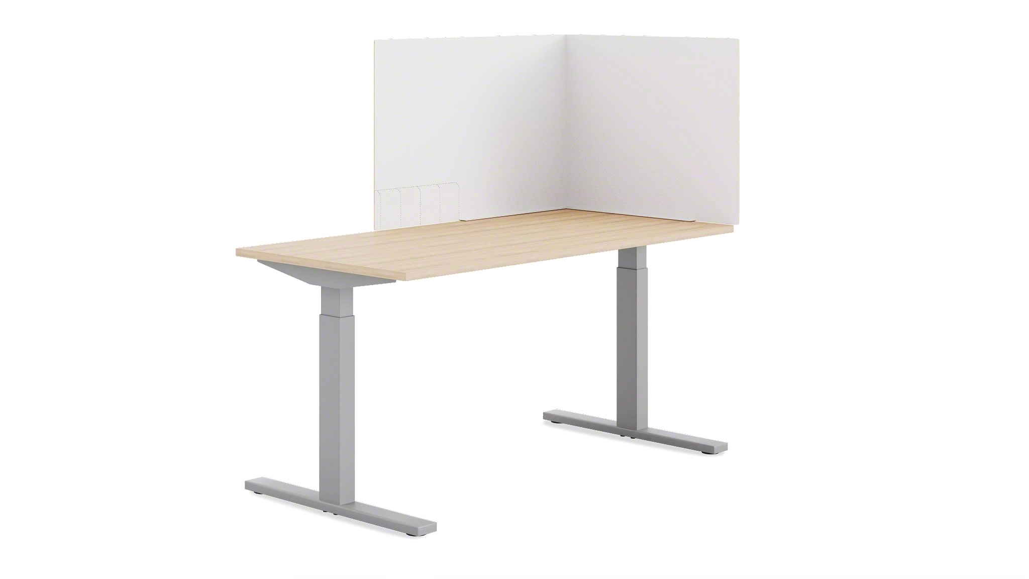 White Steelcase Corrugated Curtain on top of a Height-Adjustable light-wood desk.