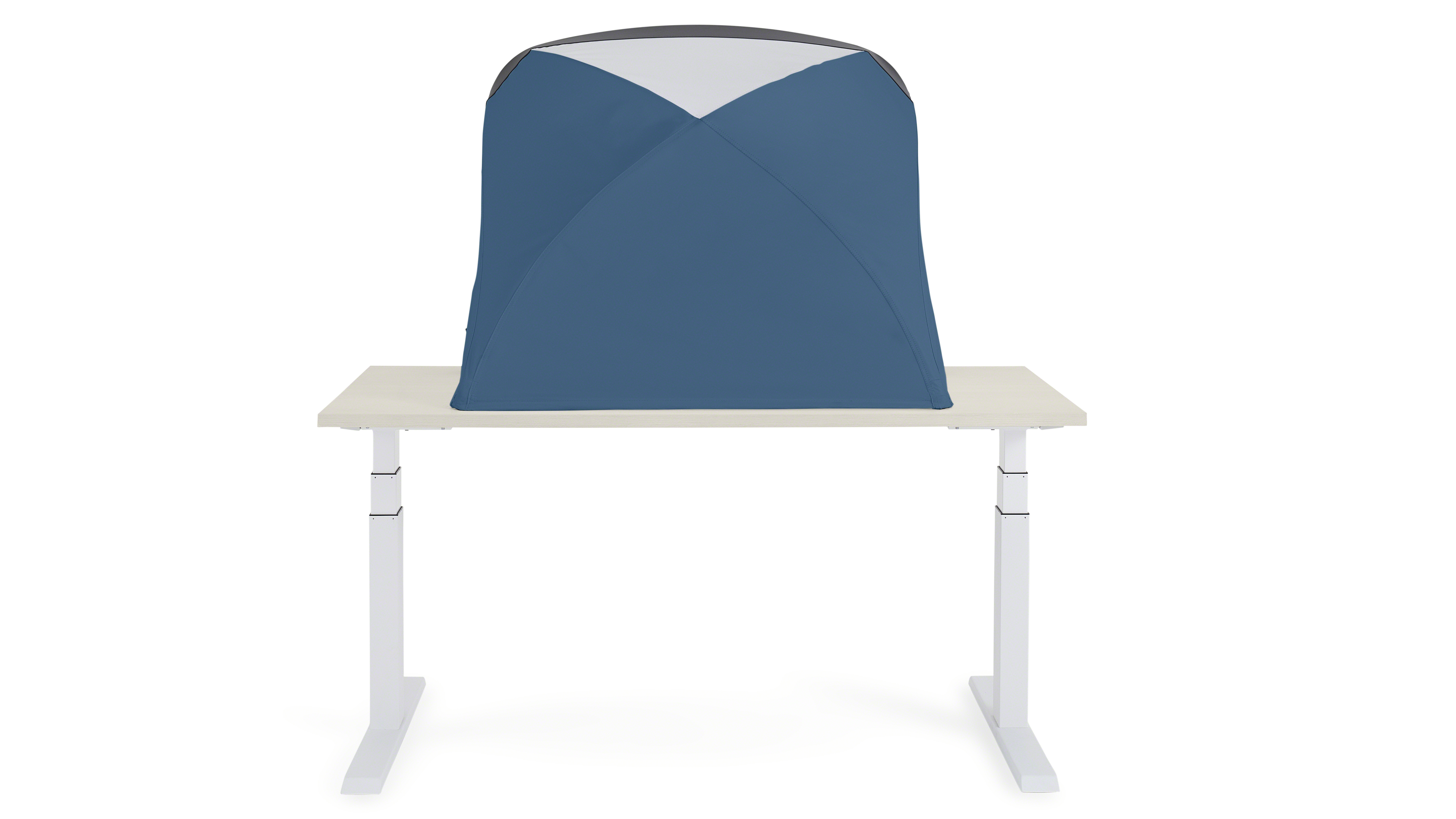 back of a blue table tent on top of a height adjustable desk