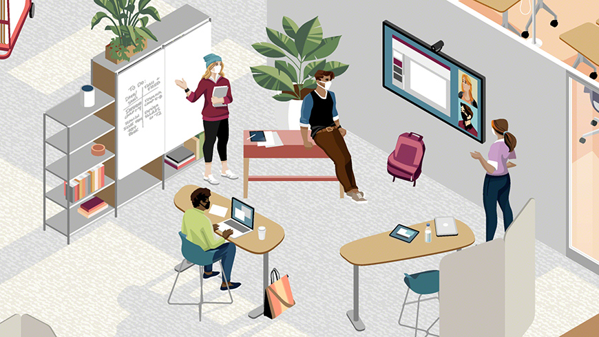illustration of four students collaborating and studying together