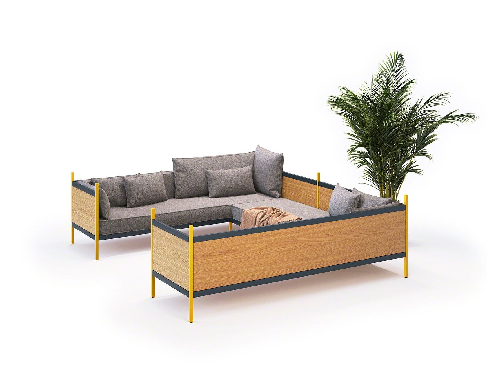 grid collection sofa with wooden base and back